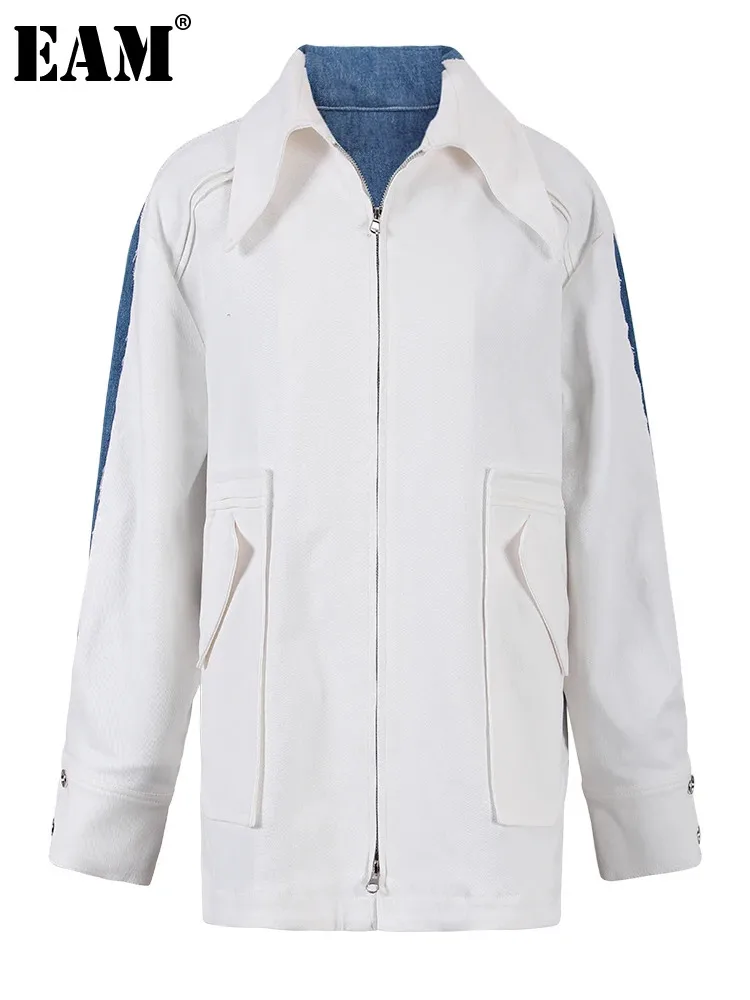 

[EAM] White Color-bock Denim Burr Big Size Jacket New Lapel Long Sleeve Women Coat Fashion Tide Spring Autumn 2024 1DF302400
