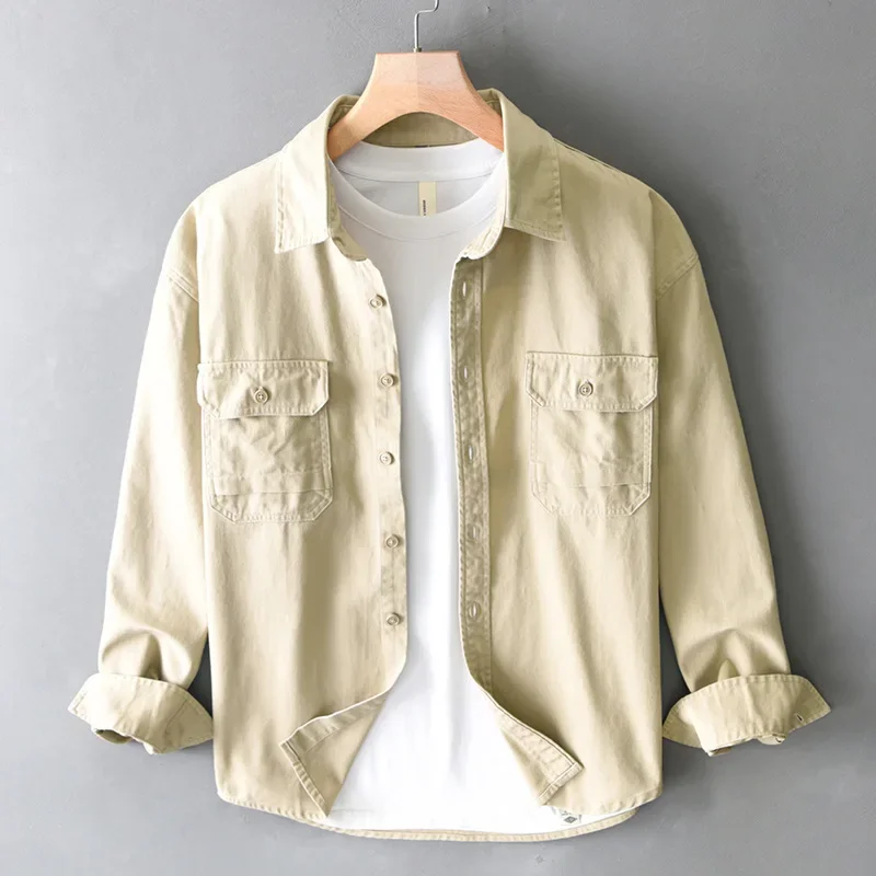 

Рубашка-карго в японском стиле, мужская рубашка с длинным рукавом, весна-осень, новые мужские рубашки, верхняя рубашка с двойными карманами, топы из чистого хлопка, свободные рубашки