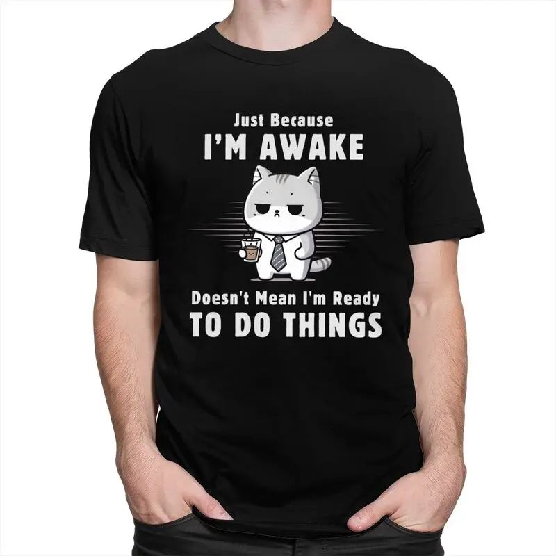 Мужская футболка с забавным котом и кофе, мужская футболка с коротким рукавом из 100% хлопка, футболки для отдыха, модные футболки