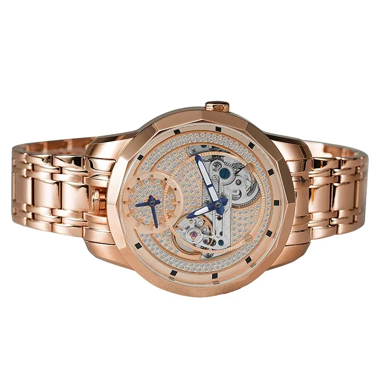 Rose Gold Bling Hollowed Out Diamond Dial Luxury Watch Dual Movement Luminous Mens Watch Stainless Steel Mechanical Watches