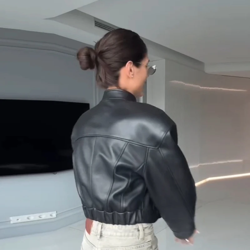 سترة نسائية كلاسيكية من الجلد الصناعي بقصة ضيقة لراكبي الدراجات النارية من البولي يوريثان سترات بسحاب مناسبة للربيع والخريف معطف منفوخ أساسي ملابس خارجية للشارع #3