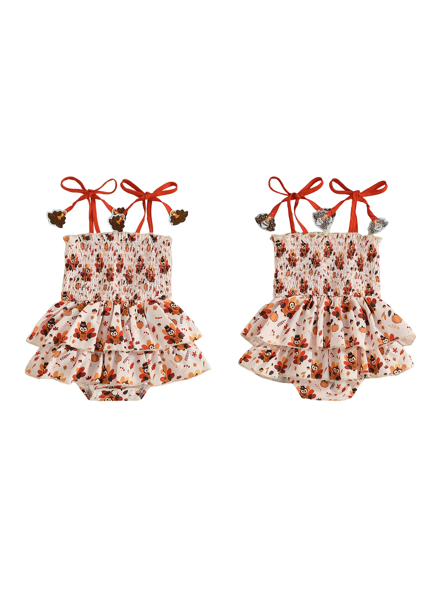 

Adorable Infant Thanksgiving Outfit Sleeveless Romper with Turkey Print and Tie-Up Straps for Baby Girl - Cute Holiday Attire