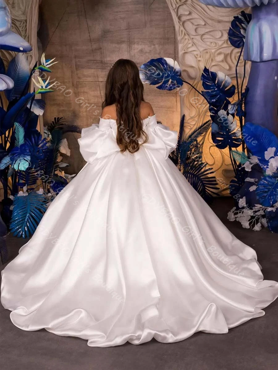 قبالة الكتف زهرة فتاة فستان لحفل الزفاف 2-14 أطفال نفخة الأكمام فرشاة قطار 1st بالتواصل فستان المسابقة مخصص حفلة الكرة ثوب