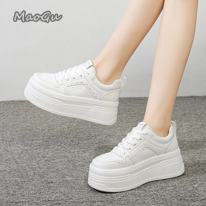 Height Increasing Platform White Sneakers Female Lace-Up Chunky Sole Casual Shoes Breathable Leather Wedge Zapatos Mujer Size 40 view 6