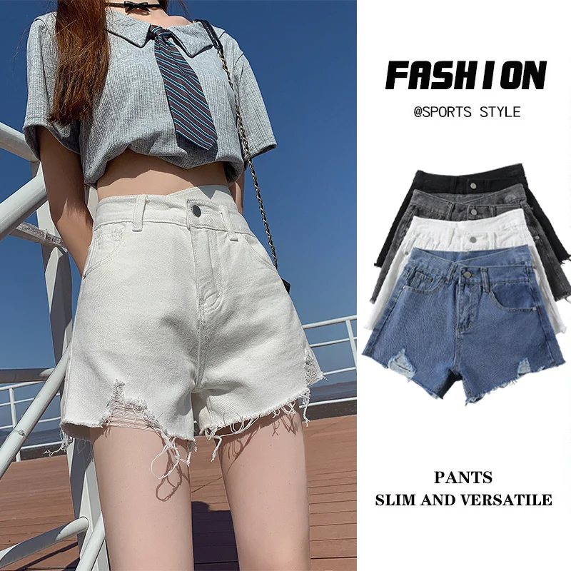 

Белые рваные джинсовые шорты с высокой талией, свободного кроя, летние, тонкие, женские, больших размеров, с широкими штанинами, укороченные, с эффектом похудения, повседневные