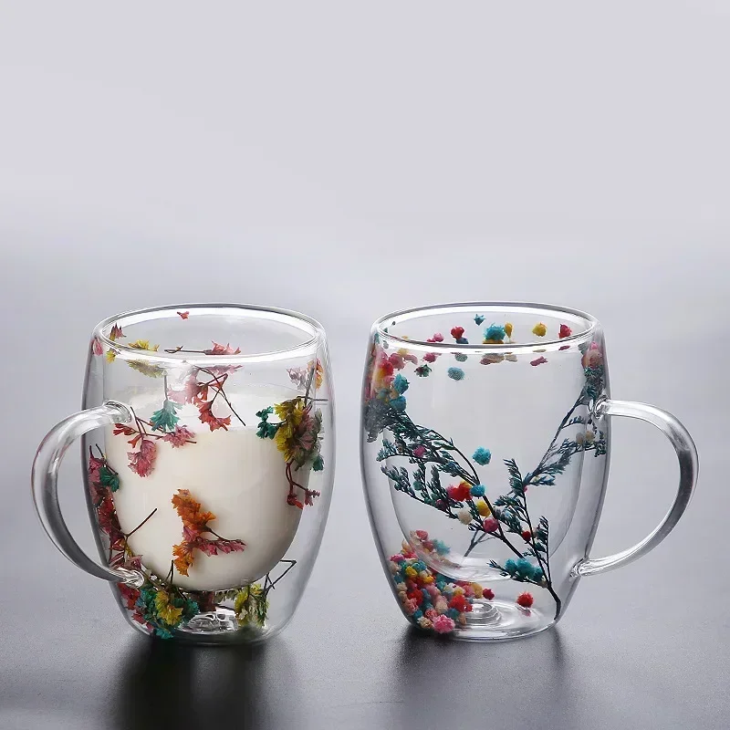 Dried Flower Double Wall Clear Glass Coffee Mugs Double Insulated Glass Cup For Hot Cold Beverages Cappuccino Latte Espresso Cup