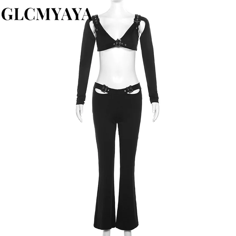 GLCMYAYA Women Casual Long Sleeve Backless Spliced Crop Tops Pant Sets 2023 Solid Belt High Waist Slim Flare Pants 2 Piece Set