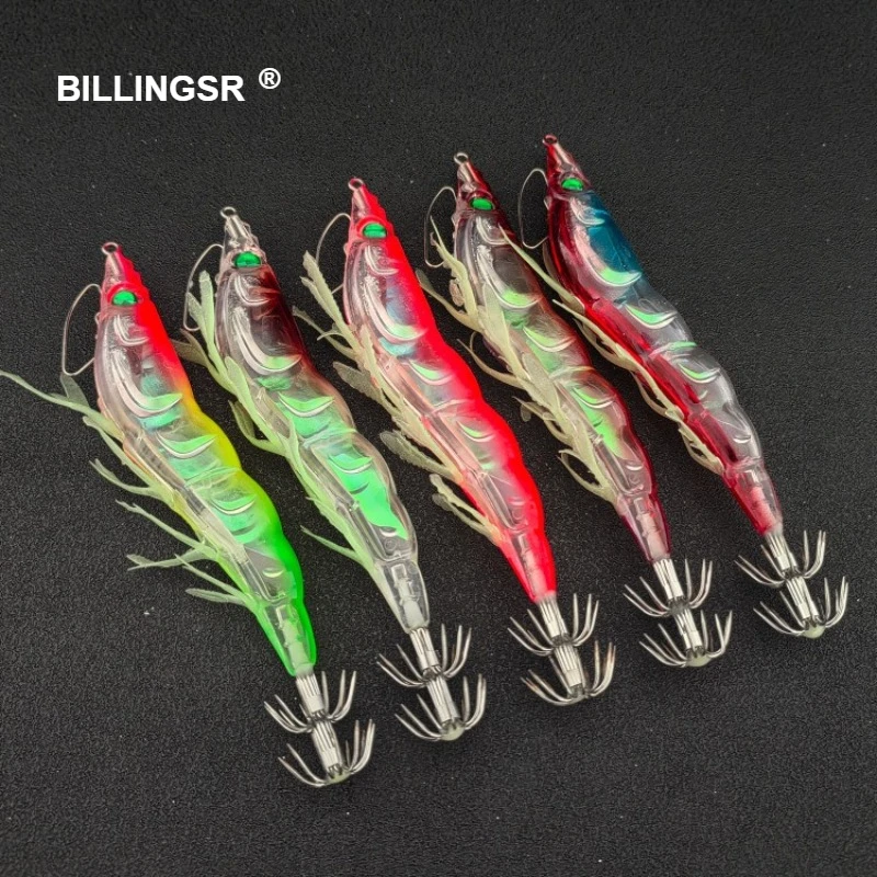 BILLINGS 1 Stk./5 Stk. leuchtende Holz-Garnelenköder, bionische Garnelenköder-Jigs, Tintenfischhaken, Meeresangel-Oktopus-Tintenfischköder