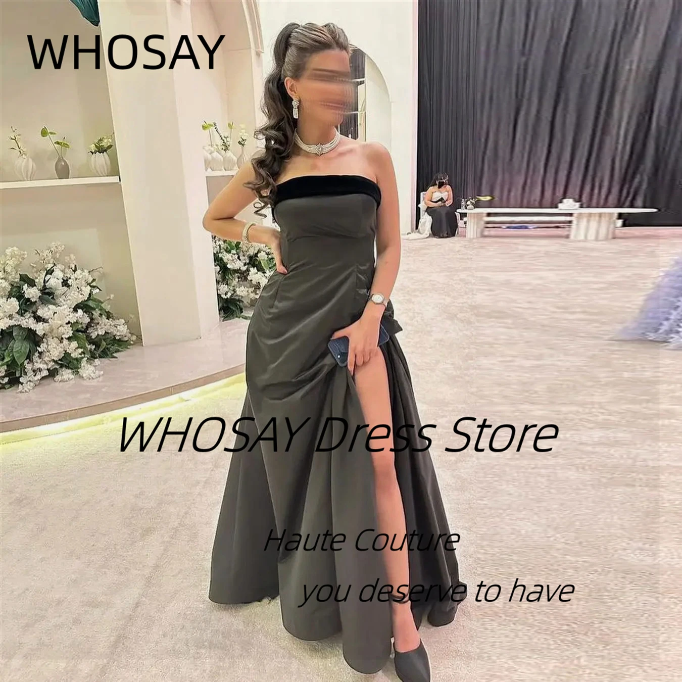 

WHOSAY Vestidos De Gala Party Dress Strapless Sexy Back Prom Dresses Long Ruched A Line Formal Banquet Evening Gowns