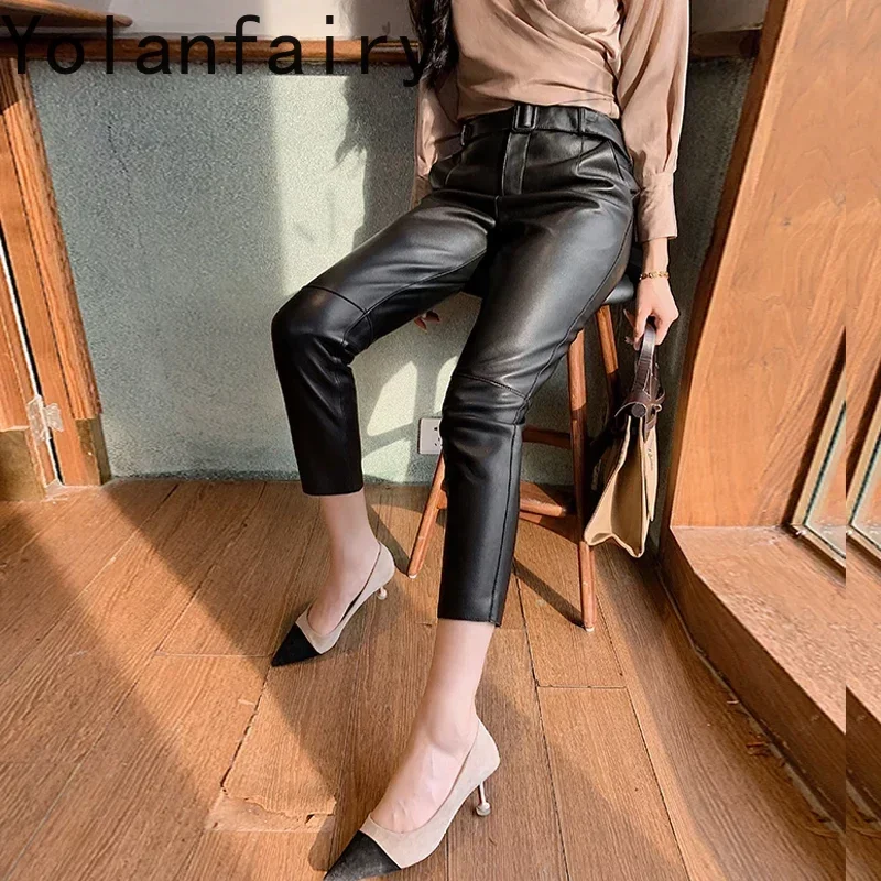 Female High Waist Pants Spring Autumn 2024 Real Sheepskin Leather Pants Simple Slim Women's Pencil Pant Pantalon Femme Zjt2461