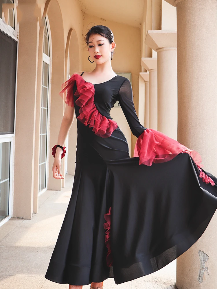 2024 National Standard Dance Dress For Women New Fishbone Skirt Large Swing Dress Red Irregular Ballroom Dance Dress DN18503