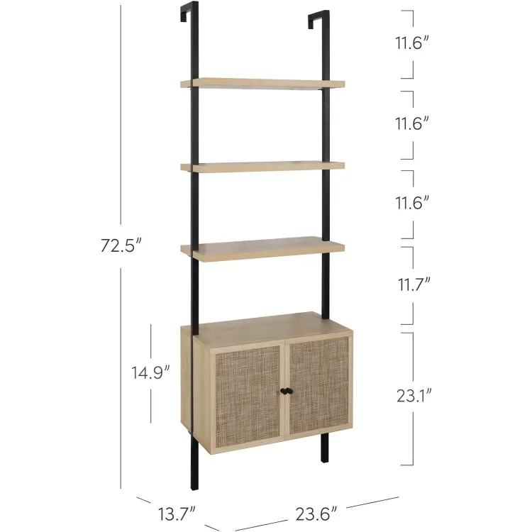 Theo Ladder 3 tier Open Bookshelf with Rattan Drawers and Matte Steel Frame, Light Oak/Black