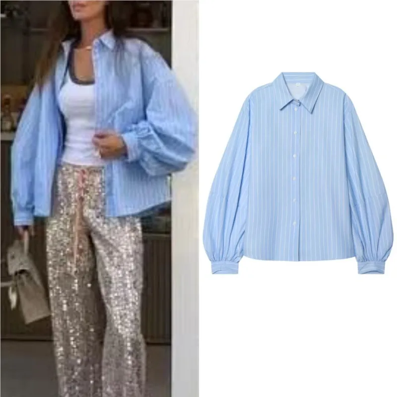 

Women's Striped Shirts Spring Lapel Collar Long Puff Sleeve Buttons Blouses Casual Fashion Female Loose Streetwear Tops