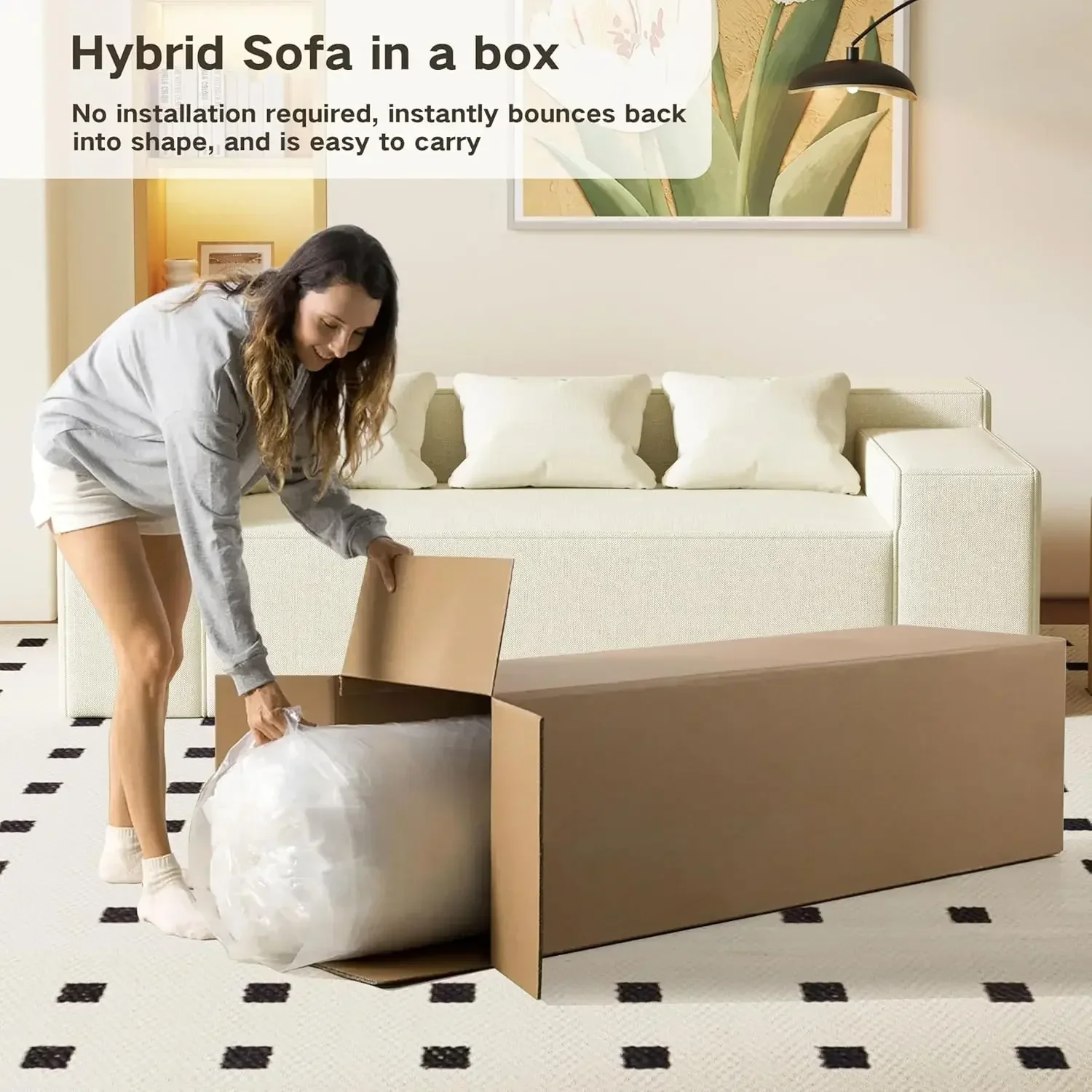 Hybrid Sofa in a Box, No Assembly Required, Comfy Sofa Couch with 3 Matching Pillows, Cat-Scratch Resistant Linen, Couch for Liv