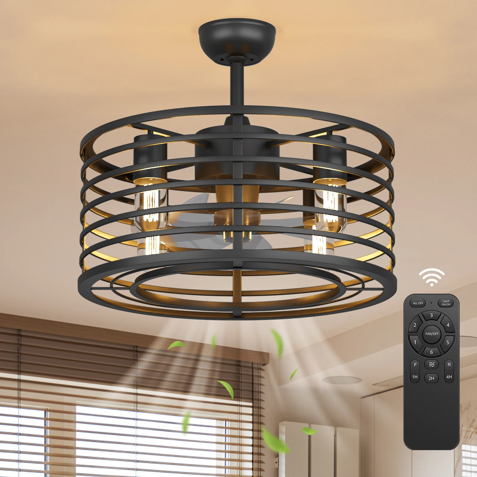 18in Black Caged Fan Lights Ceiling Low Profile th Remote Control and Reversible Fan Blades, Industrial Farmhouse Ceiling Fan