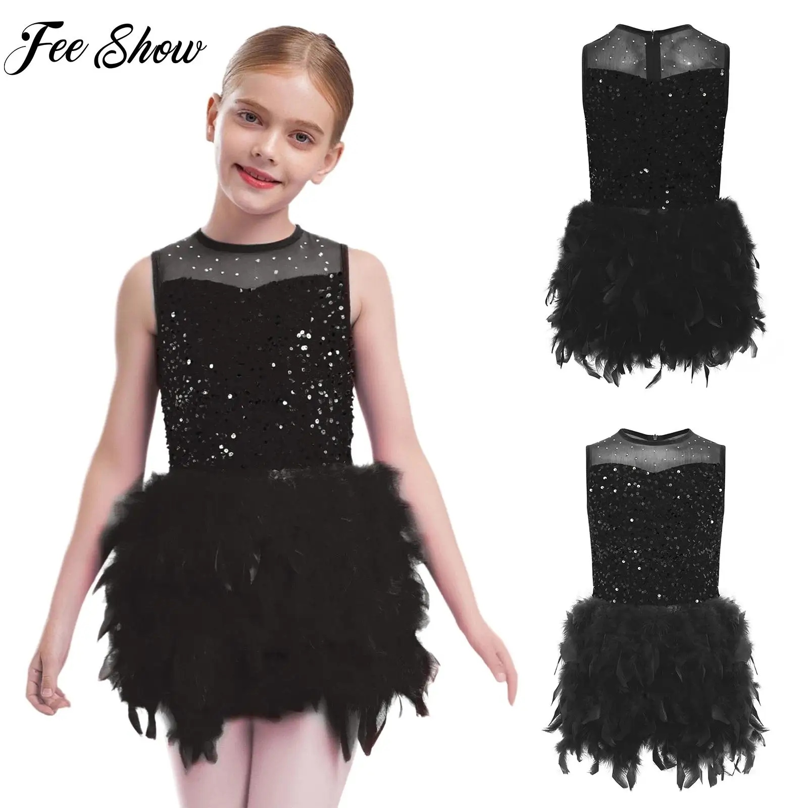 

New Girls Latin Dance Costume Teen Lyrical Modern Jazz Cha-cha Dancing Costume Sleeveless Sequins Feather Velvet Princess Dress