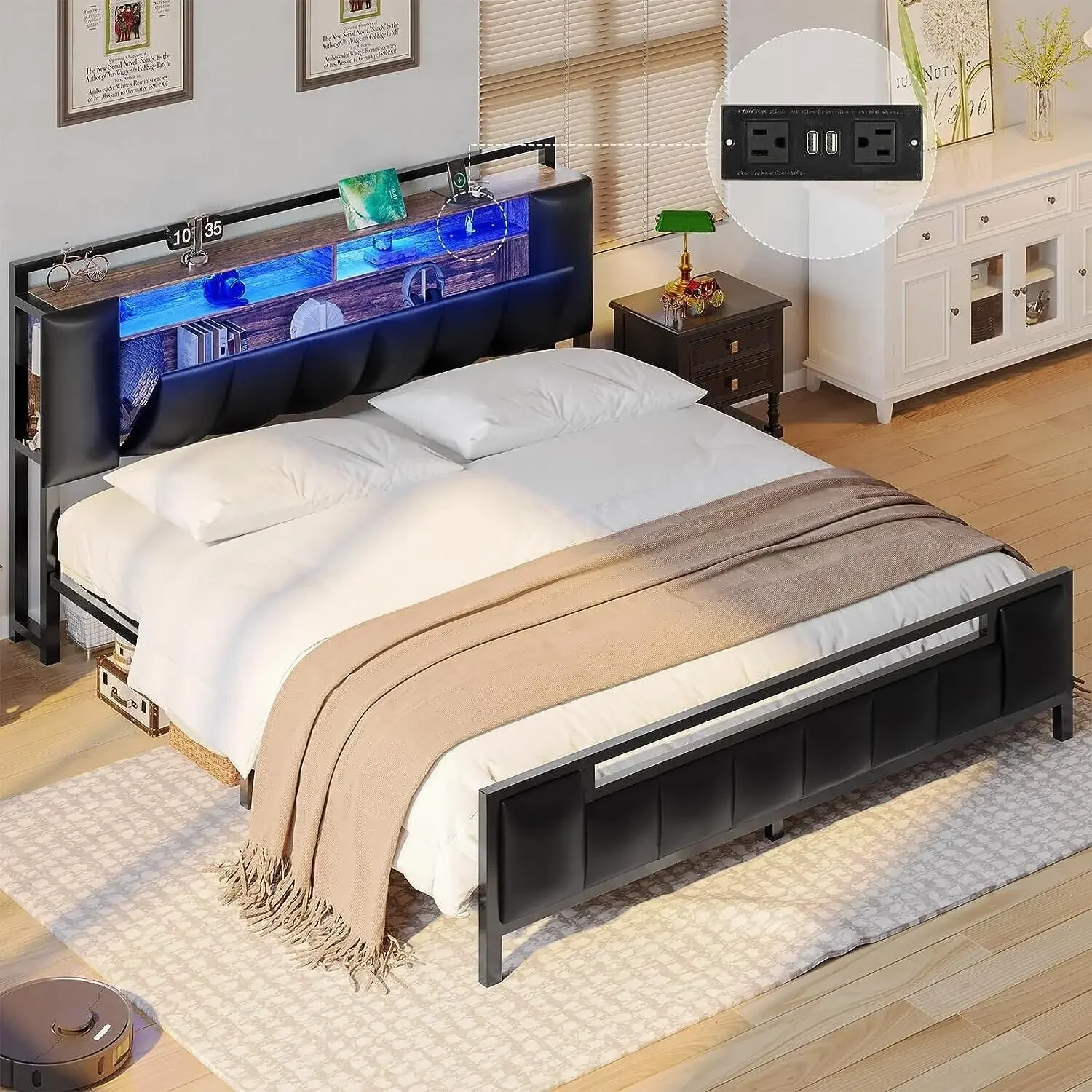 Queen Size Bed Frame with LED Light Metal Platform Bed with Hidden Storage Black