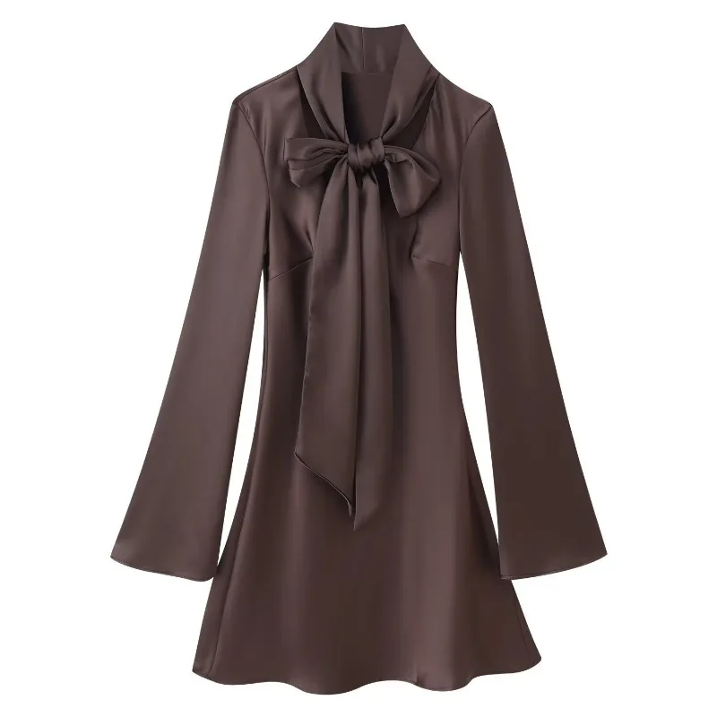 Ticketsx Fashion Satin Scarf Dress Women Solid V Neck Patchwork Lace Up Slim Dress Elegant Female Commuter High Street Vestidos