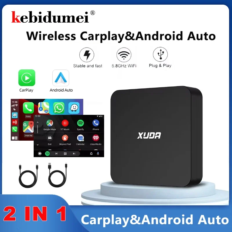 Kebidumei 2 in 1 Box Wireless CarPlay Android Auto Wireless Adapter For Mazda Toyota Mercedes Peugeot Volvo Support Netflix