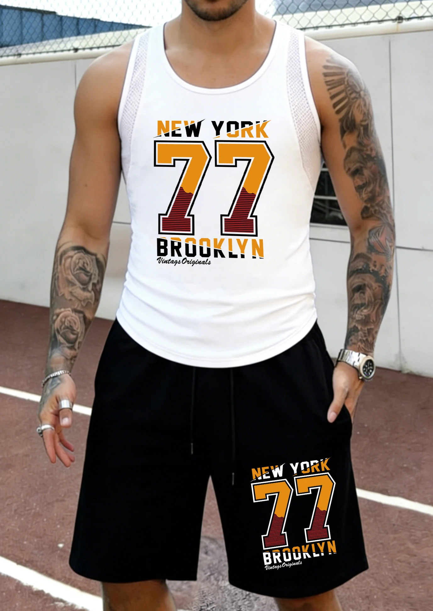 

New York Brooklyn Number 77 Print Summer Jogging Tank Top Sets Of Men Loose Basic Shorts Lightweight Soft Clothes Swim Pants