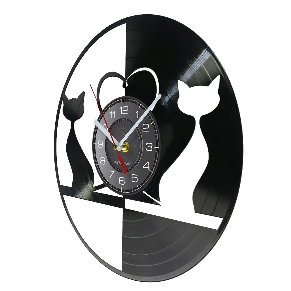 Cats Couple Modern Wall Clock Black Cats Silhouette Wall Decor Kittens Vinyl Record Wall Clock Housewarming Gift For Cat Lover