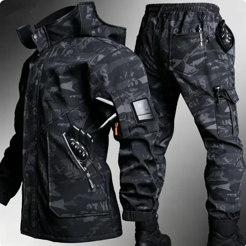 Men's Camouflage Workwear Set Fleece Lined Elasticated Autumn Winter Warm Resistant To Wear and Heat for Automobile Repair