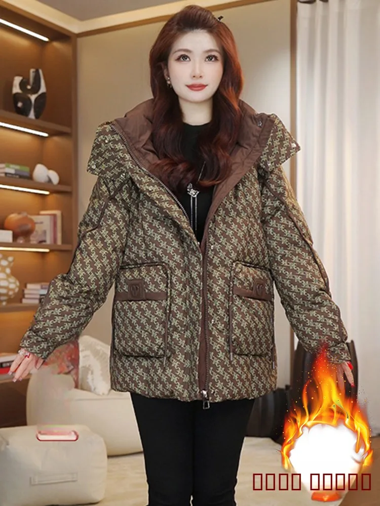 

Женская утепленная хлопковая куртка на флисовой подкладке, зимнее пальто с капюшоном, в клетку, теплое, уютное, свободного кроя, в корейском стиле