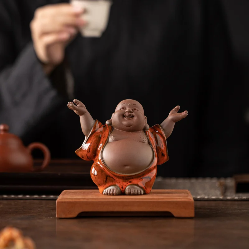 Cute Big-Bellied Laughing Buddha Ceramic Ornament, Zen-Inspired Decoration for Tea Room and Living Room, Fortune-Bringing Buddha