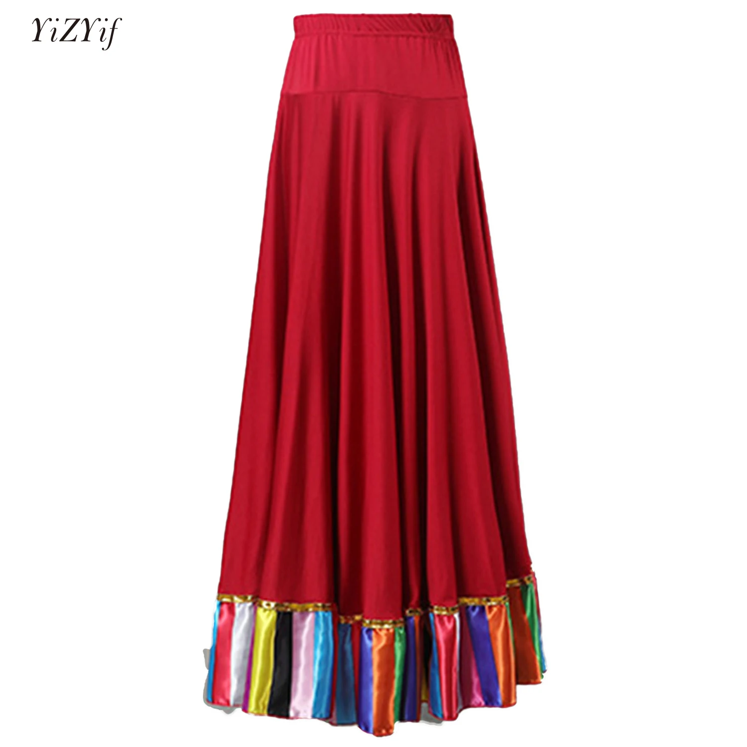 

Womens Colorful Stripe Hem Folk Dance Skirt High Waist Midi Skirts Flamenco Ballroom Dancing Stage Performance Costume