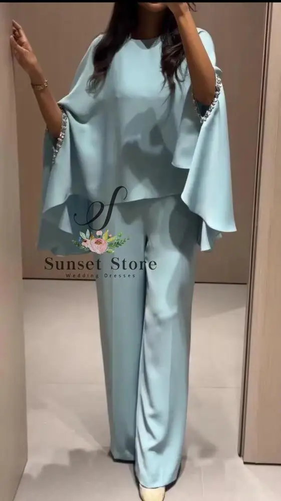 

Customized 2 Pieces Mother of the Bride Outfit O Neck Batwing Sleeve Wedding Guest Pant Suits Crystal Trim Abaya