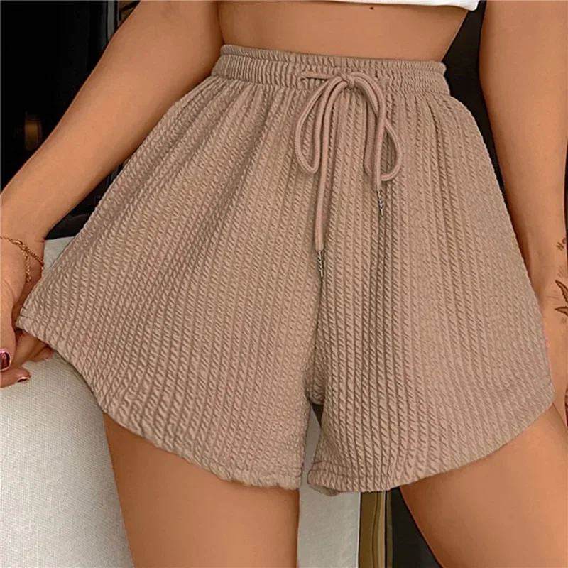 Women\'s Fashion Shorts Summer High Elastic Lace Up Drawstring Wide Leg Sweat Fitness Running Shorts Loose Casual Sports Pants