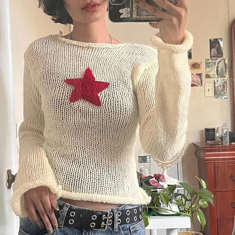 Women Y2K Fairy Grunge Sweater Star Pattern Long Sleeve Slim Fit Knitted Pullovers 2000s Preppy Fall Boat Neck Jumpers Top