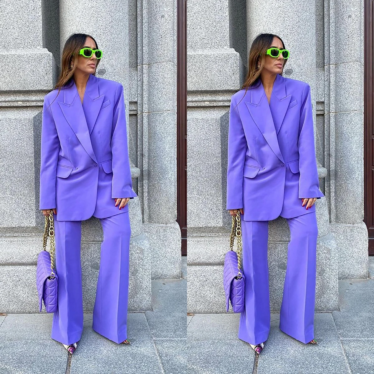 

Spring Purple Women Pants Suits Double Breasted Female Streetwear Sportswear Two Pieces Jacket Blazer Sets