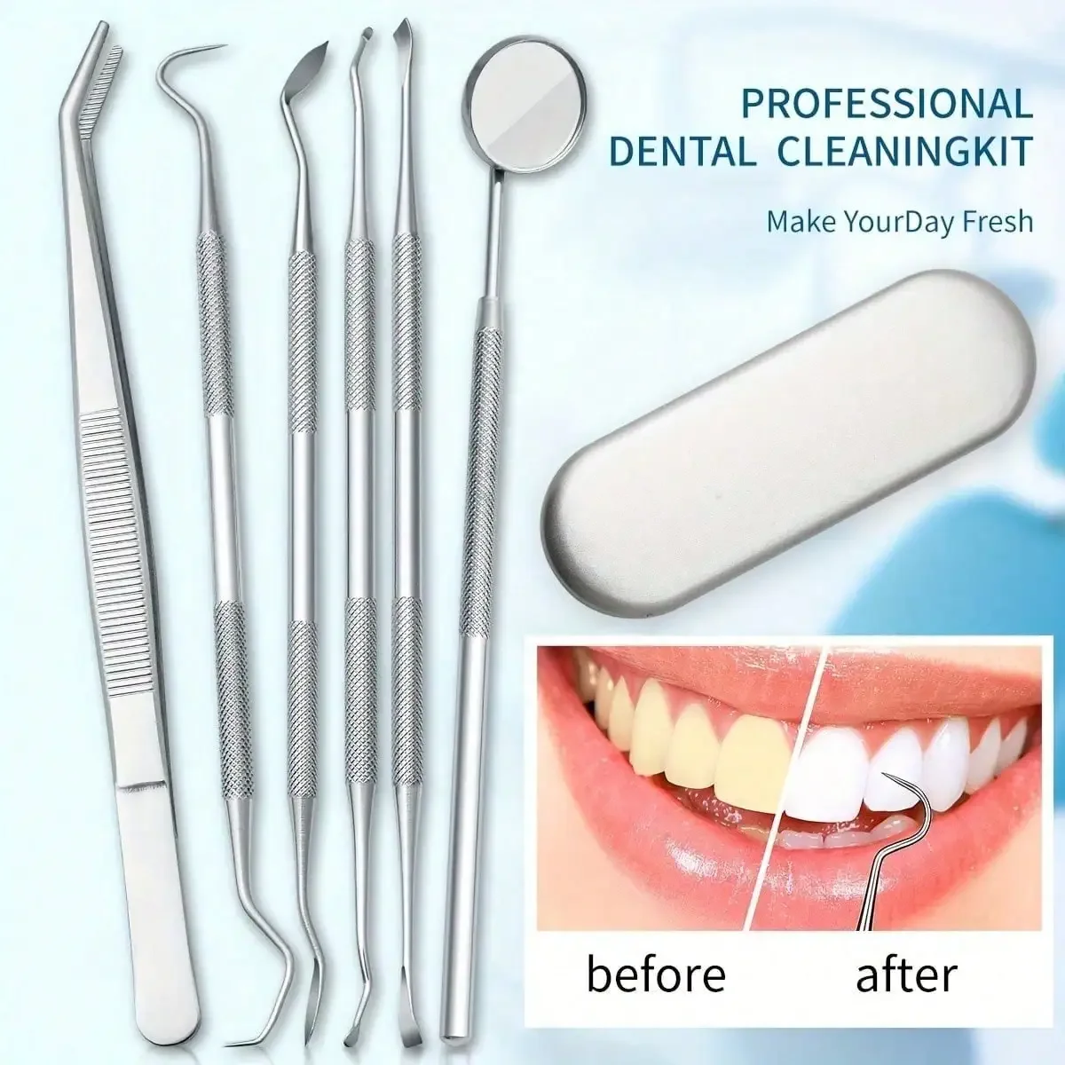 3/4/5/6/8pcs Stainless Steel Dentist Clean Tools Dental Mirror Double Probe Hoe Tooth Cleaner Dental Tool Products Oral Care Kit