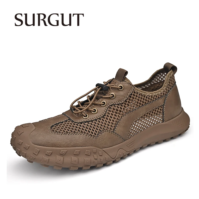 

SURGUT Brand Summer Men's Leather Casual Shoes Comfortable Breathable Outdoor Men Mesh Sports Shoes Hiking Trail Driving Shoes