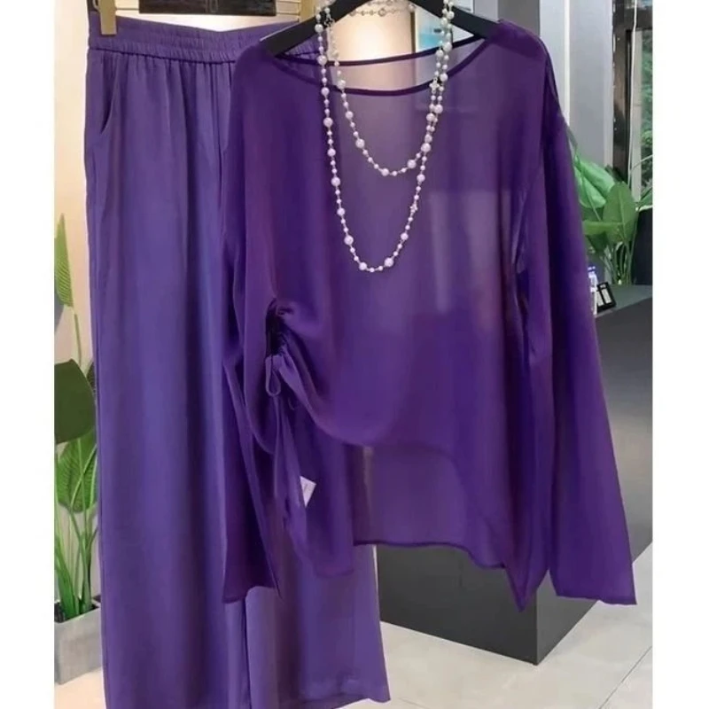 

Summer New Arrival Premium Elegant Flattering Loose Sleeve Chiffon Blouse + Slimming Wide Leg Pants Two-Piece Set