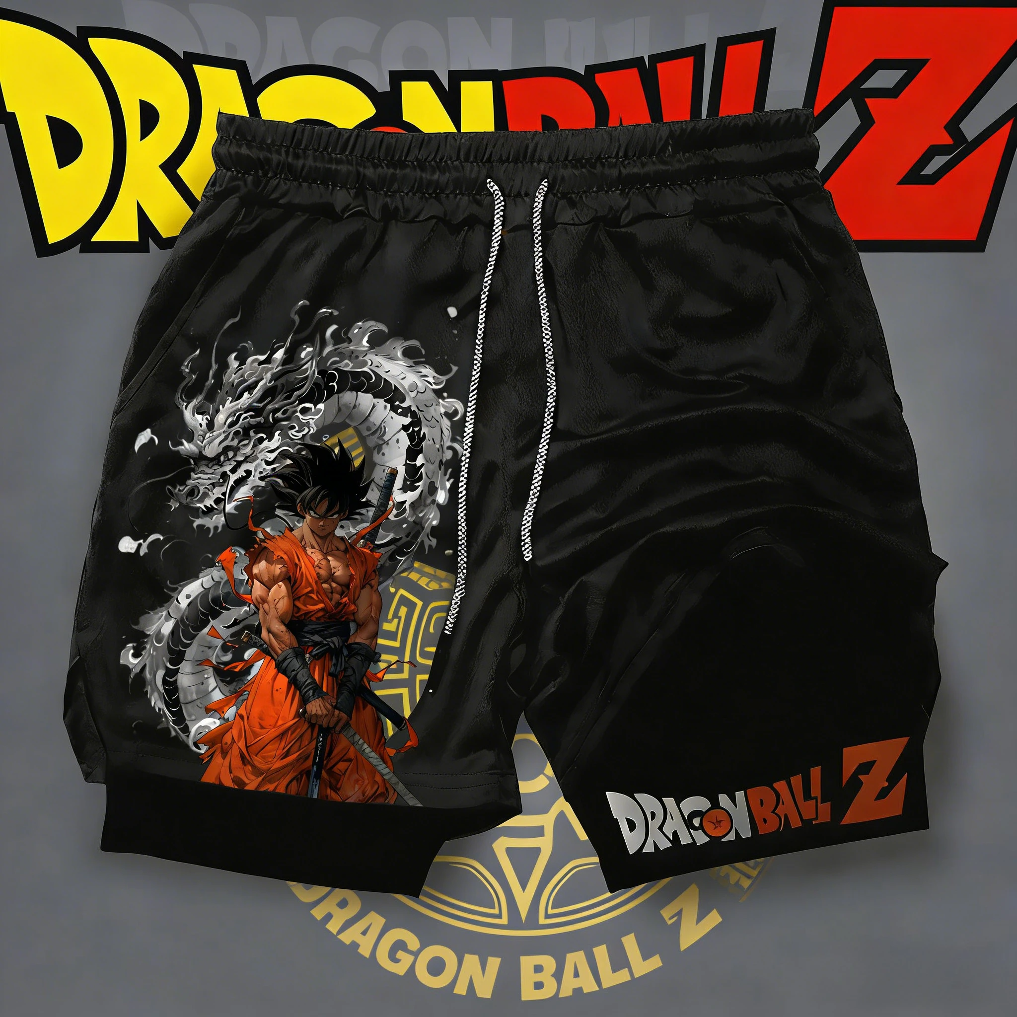 Dragon Ball 2026 Sommer Retro Doppellagige Shorts mit Goku & Dragon Print, Schnelltrocknende Herren Fitness-Laufshorts, Locker Geschnitten, Übergröße