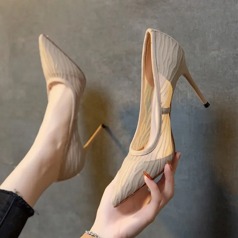 Talons hauts pointus en maille pour femmes, chaussures à la mode coréenne, printemps, été, automne, nouveau, 2024