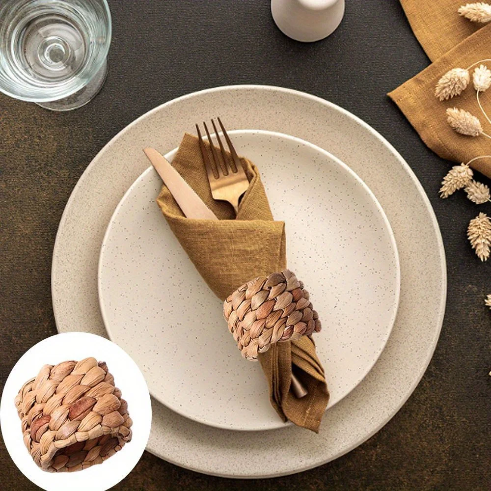 Natural Straw Woven Napkin Holder, Decorative Buckle, Table Decoration, Water Hyacinth Grass, Wedding Party