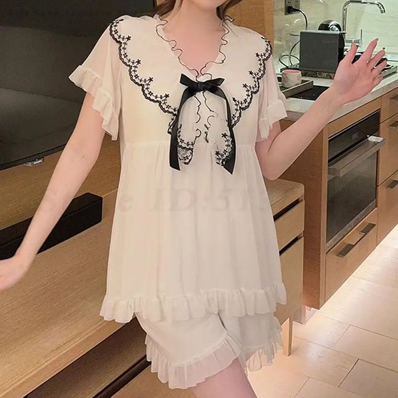 

Summer New Female 2PCS Pajamas Set Home Clothes Elegant French Style Sleepwear Sweet Mesh Pijama Suit Loose Casual Home Wear