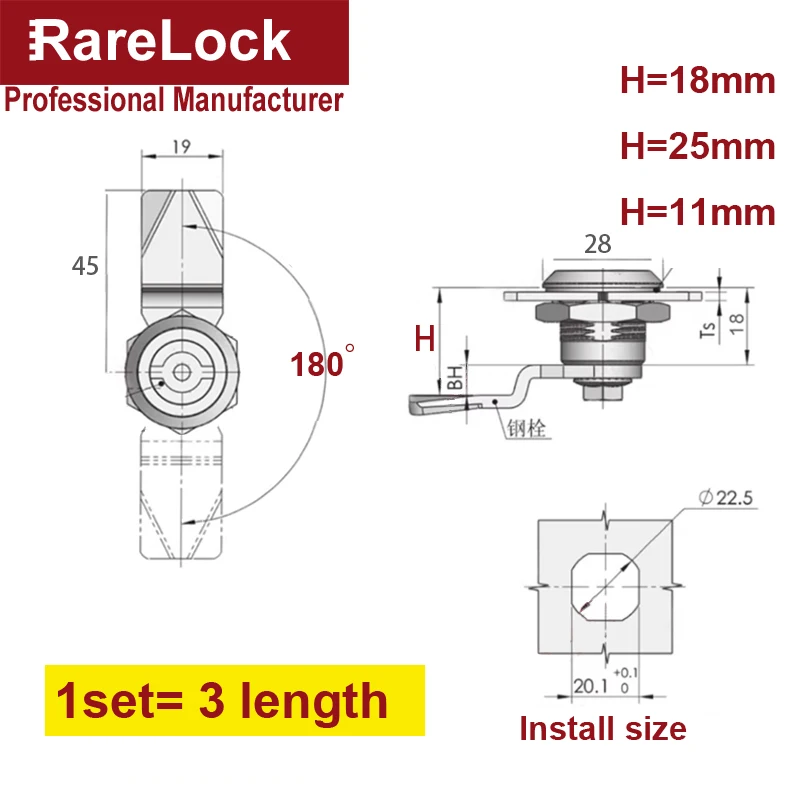 Schloss 304 Edelstahl Schrankschloss mit 2 Schlüsseln 2 Nockenteil 3 Länge für Briefkasten Werkzeugkasten Outdoor Yacht Schiffe Rarelock MA121 G1