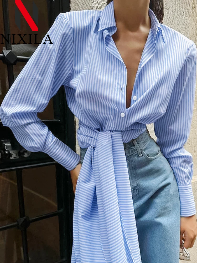 

Новые весенне-осенние женские полосатые рубашки, повседневная блузка с лацканами, женские топы, элегантные женские офисные рубашки большого размера, женская одежда