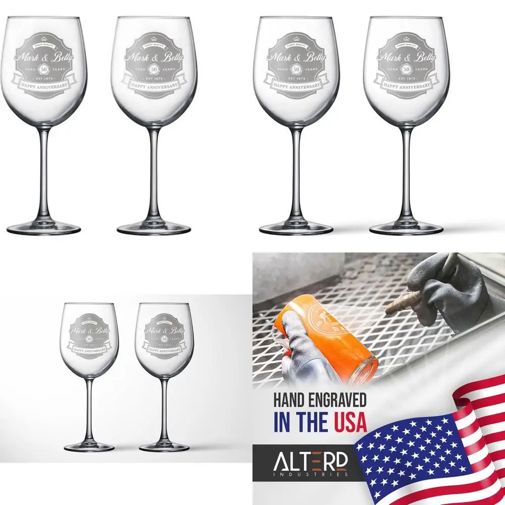 

50th Anniversary Stemmed Wine Glasses Set - Vintage Gift for Couples | Personalized Engraved Glassware