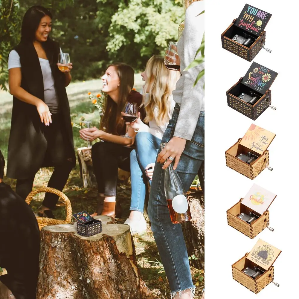 Thanksgiving Wooden Suitable Gifts Birthday Hand-Cranked Musical Boxes Black Engraved You are My Sunshine Music Box
