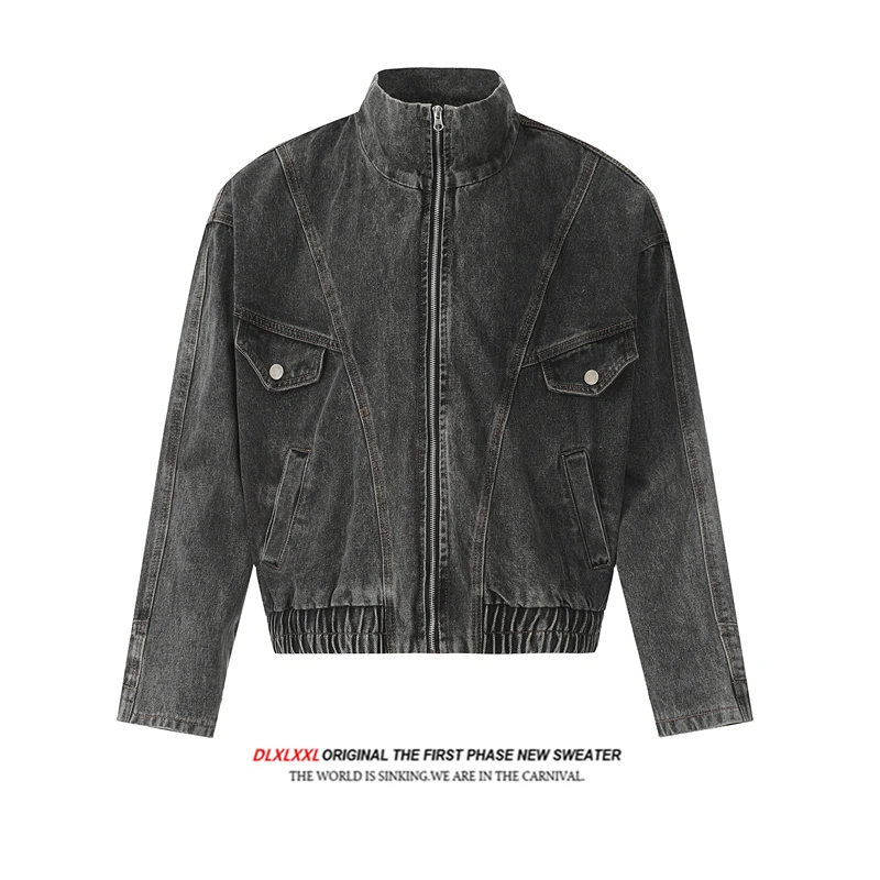 

GXFortune American Decosition Waed Heavy Du Inverted Loose Men's Jeans Jaet Trendy Brand Haome Stand Collar Jaet