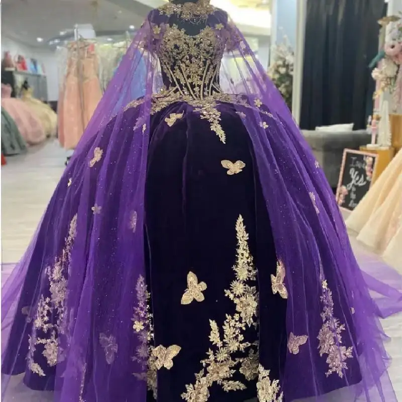 Vestidos de quinceañera morados únicos, vestido de baile 2025, capa para fiesta de graduación de cumpleaños, apliques de capas sin espalda, dulce personalizado