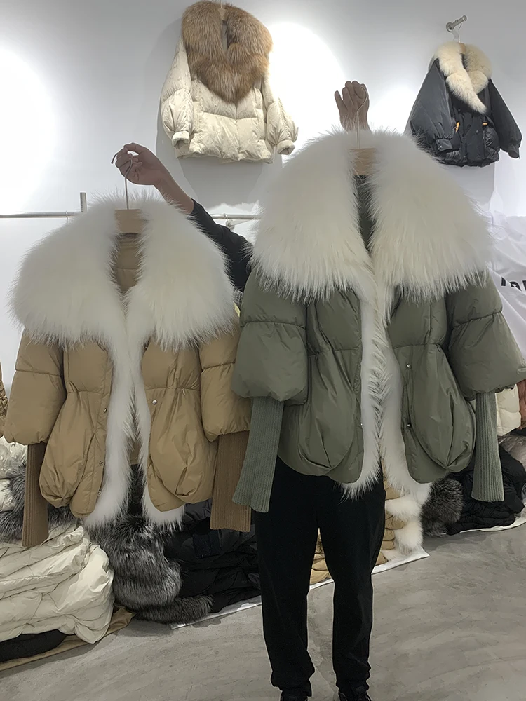 2023 Winter Women Puffer Coat Large Real Fox Fur Collar Thick Luxury Parkas Outerwear Female 90% White Duck Down Jacket