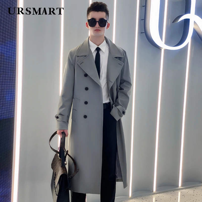 windbreaker men's long knee length large lapel double breasted British trend gray thickened detachable down inner trench coat