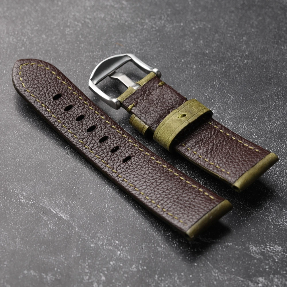 Handmade Head Cowhide Watchband 22 24MM Teal Vintage Genuine Leather For PAM111 441 Vintage Brushed First Layer Cowhide