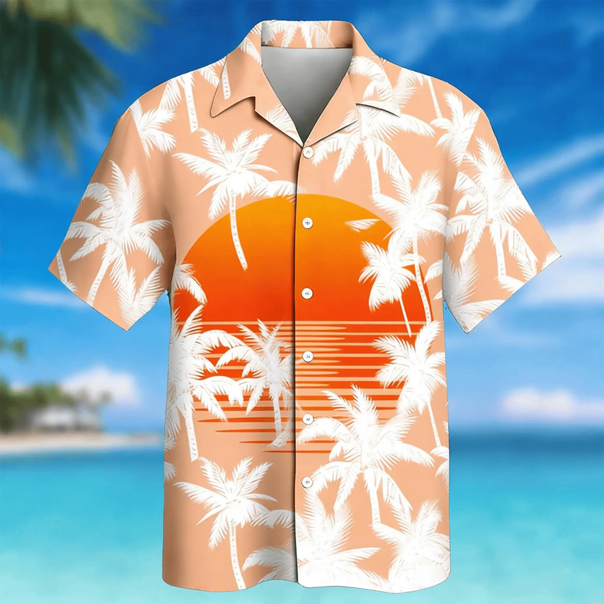 

Men's Coconut Tree Sunset Print Short Sleeve Shirt, Spring Summer Vibrant Hawaiian Vacation Casual Top, Pocket Lapel Style